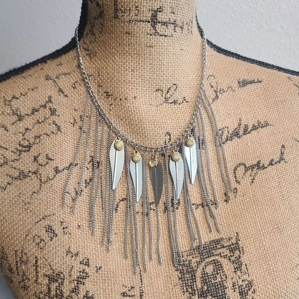 Boho Statement Necklace – Silver Fringe Chain with Gold Accents & Leaf Charms